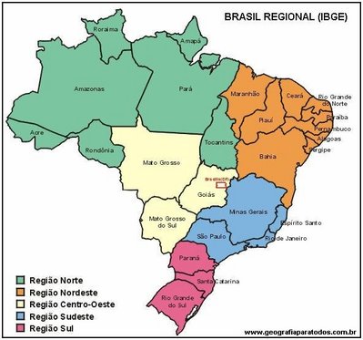 ¿O ibge divide o brasil em cinco regiões administrativas?