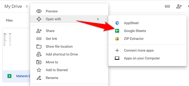 Selecione Abrir com > Planilhas Google.