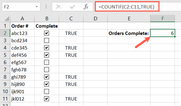 COUNTIF Verdadeiro para caixas marcadas