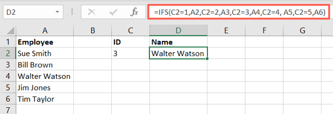 Função IFS com resultados de valor de referência de célula