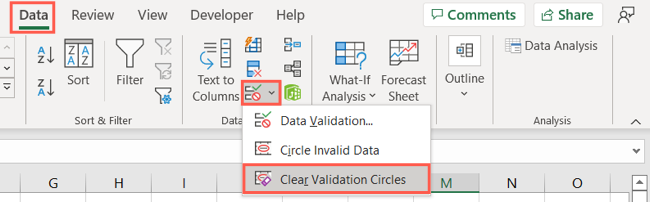 Limpar círculos de validação na guia Dados