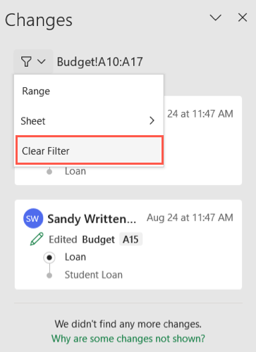 Limpar filtro no menu Mostrar filtro de alterações