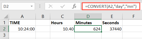 Fórmula da função CONVERT por minutos