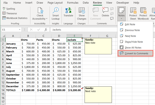 Converter em comentários no menu Notas da guia Revisão