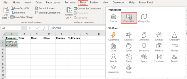 Tipo de dados de moedas no Excel