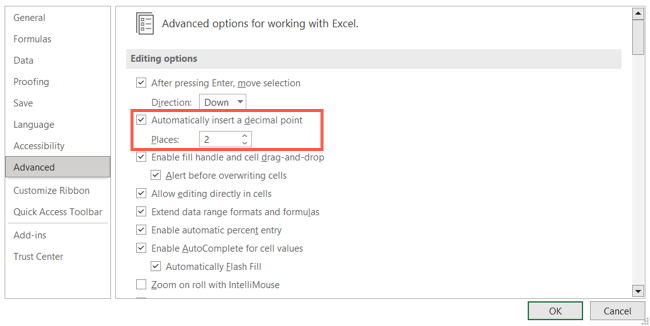 Configurações de casas decimais no Excel