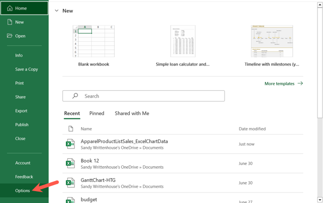 Opções na guia Arquivo no Excel