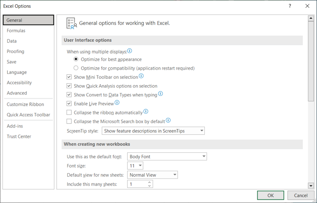 Janela Opções do Excel