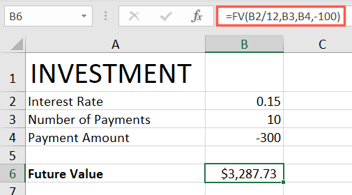 Fórmula da função FV com argumento de valor presente