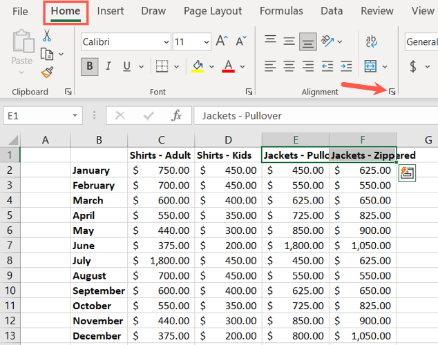 Células selecionadas e seta de alinhamento no Excel