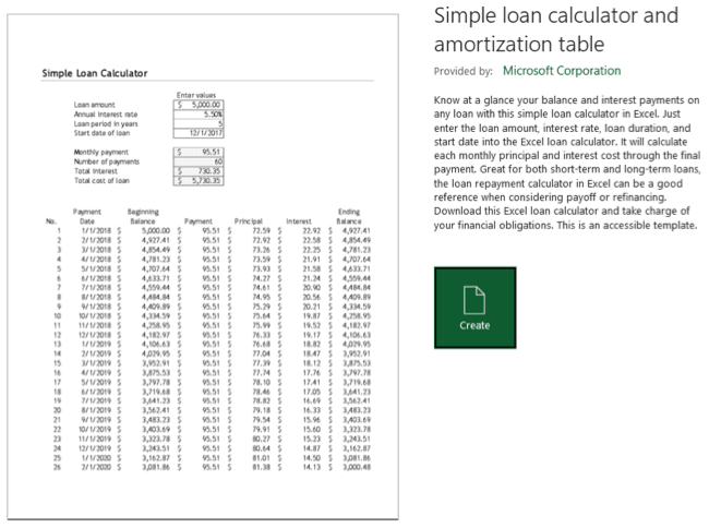 Botão Criar para o modelo do Microsoft Excel