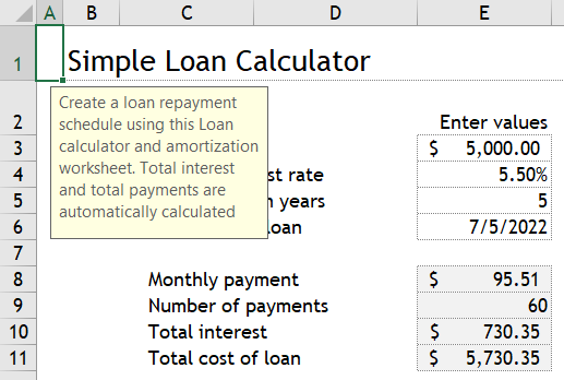 Modelo de calculadora de empréstimo simples com dica de ferramenta