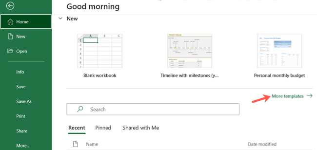 Mais modelos na seção inicial do Excel