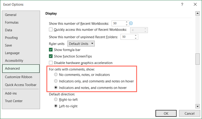 Configurações de notas e comentários no Excel