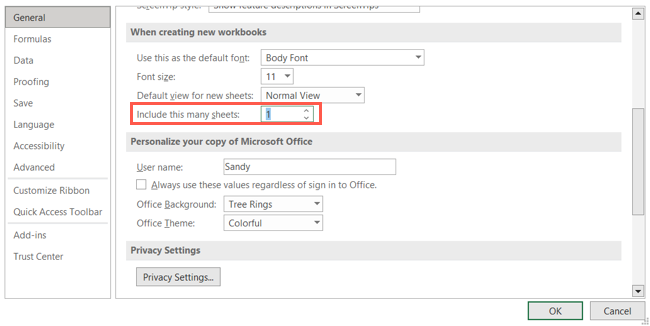 Número de planilhas para novas pastas de trabalho do Excel