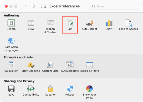 Editar nas preferências do Excel no Mac