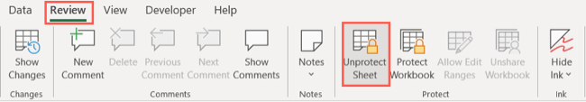 Desproteger planilha na guia Revisão