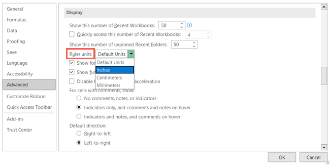 Configuração da unidade de régua no Excel