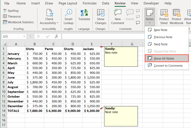 Mostrar todas as notas no menu Notas na guia Revisão