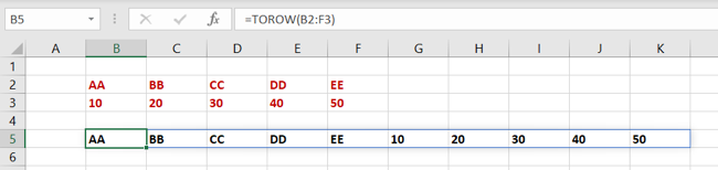 Função TOROW no Excel