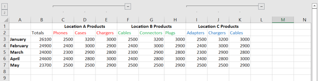 Dois grupos de colunas no Excel