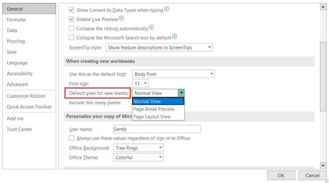 Ver configurações para novas planilhas do Excel