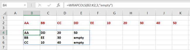 Função WRAPCOLS no Excel