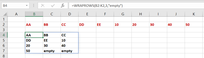 Função WRAPROWS no Excel