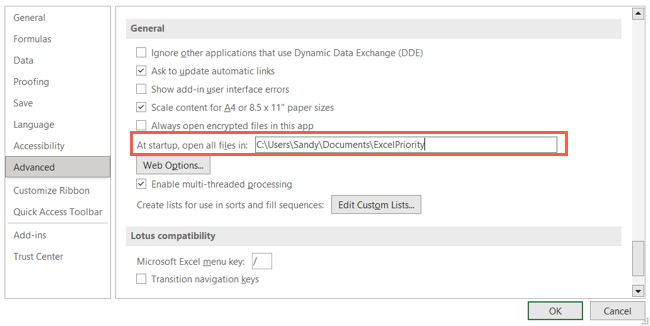 Pasta para abrir automaticamente no Excel