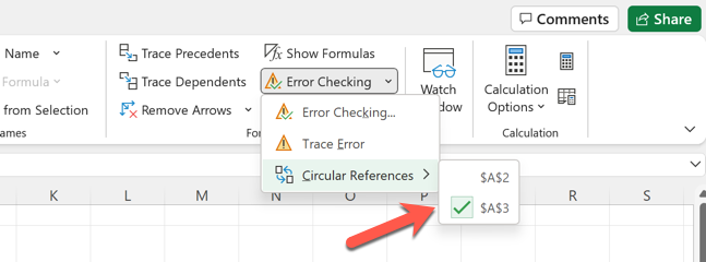 O menu Verificação de erros no Microsoft Excel