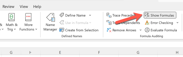 Para mostrar fórmulas no Excel, pressione Fórmulas > Mostrar Fórmulas