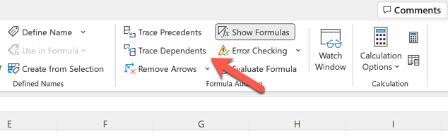 Para rastrear dependentes de células no Excel, pressione Fórmulas > Rastrear Dependentes.