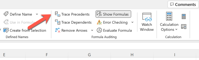 Para rastrear precedentes de células no Excel, pressione Fórmulas > Rastrear precedentes.